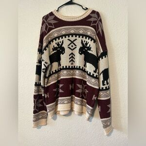 Idea Series Maroon and Beige Moose Sweater  Small Silk Acrylic Blend Oversized